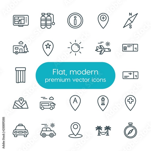 Modern Simple Set of location, travel Vector outline Icons. ..Contains such Icons as gps,  airplane,  car,  pass,  plane,  vector, travel and more on white background. Fully Editable. Pixel Perfect