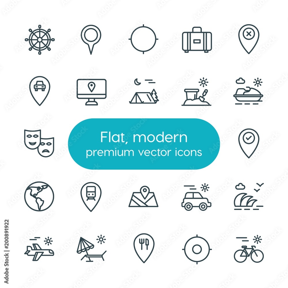 Modern Simple Set of location, travel Vector outline Icons. ..Contains such Icons as  car,  center,  cycle, wheel, sport, target,  race, map and more on white background. Fully Editable. Pixel Perfect