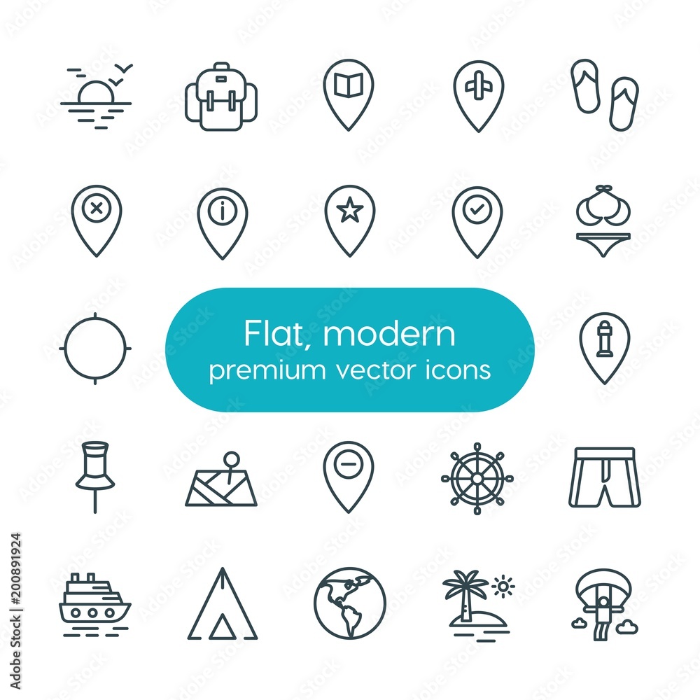 Modern Simple Set of location, travel Vector outline Icons. ..Contains such Icons as  lighthouse, sunset, airport,  adventure,  globe,  sky and more on white background. Fully Editable. Pixel Perfect