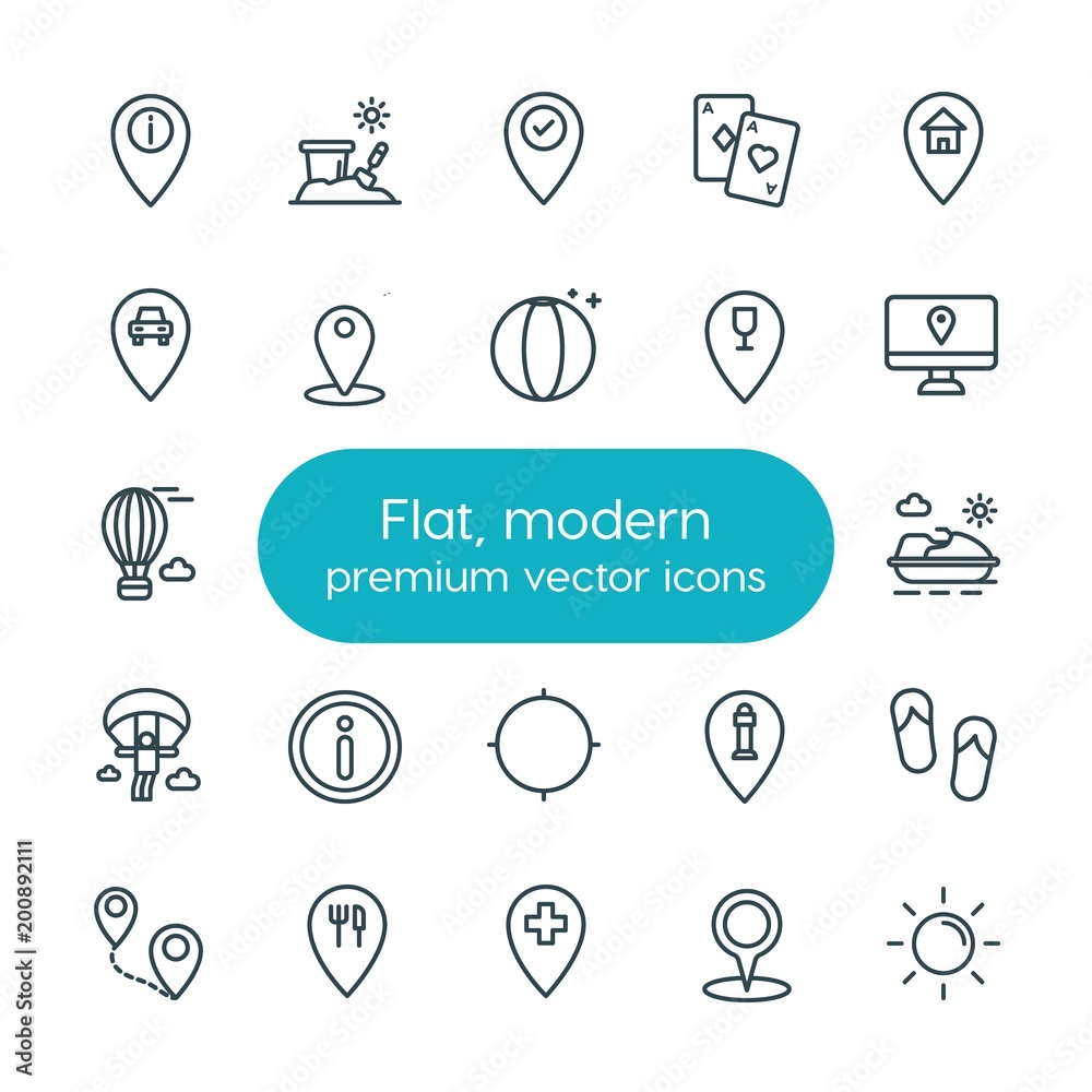 Modern Simple Set of location, travel Vector outline Icons. ..Contains such Icons as  car,  house, volleyball,  route,  icon, house,  travel and more on white background. Fully Editable. Pixel Perfect