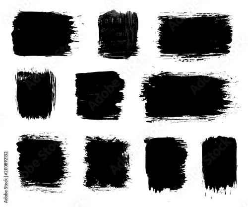Vector black paint brush stroke, dry grunge brush smear, line or texture. Dirty artistic design splash element, box, frame or background for text.