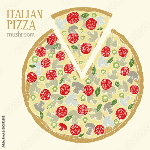 Colorful illustration of Italian Pizza with mushrooms. Hand drawn vector illustration.