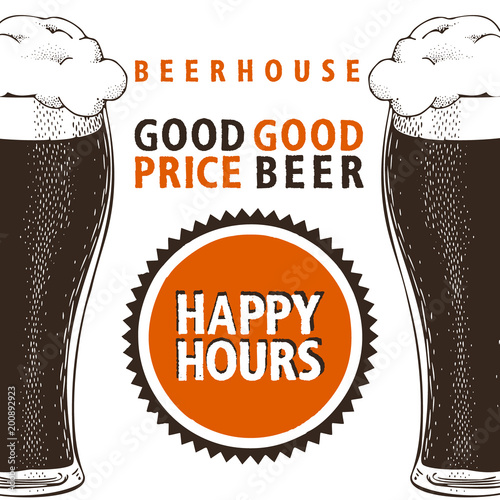 Happy hours beer banner. Vector poster template with beer glasses in retro style. Can be use for beerhouse, cafe, pub, bar, restaurant. Hand drawn illustration.