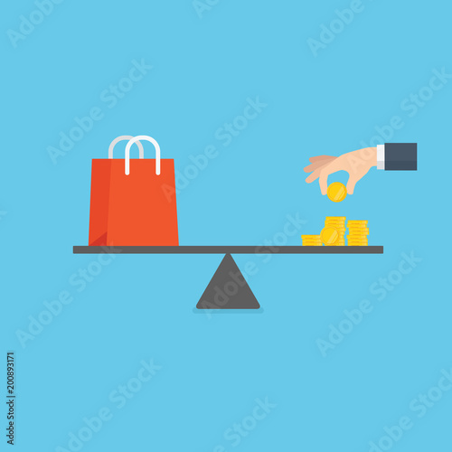 Shopping bag and cash of money on a seesaw. Save money against spending money for shopping