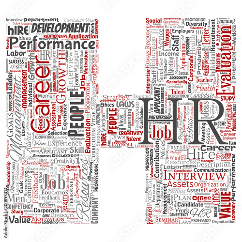 Vector concept conceptual hr or human resources career management letter font H word cloud isolated background. Collage of workplace, development, hiring success, competence goal, corporate or job