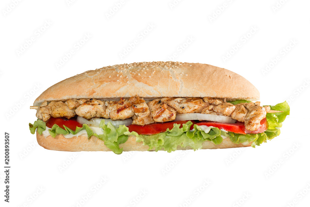 Chicken skewers sandwich on white background Chicken skewers sandwich on white background
