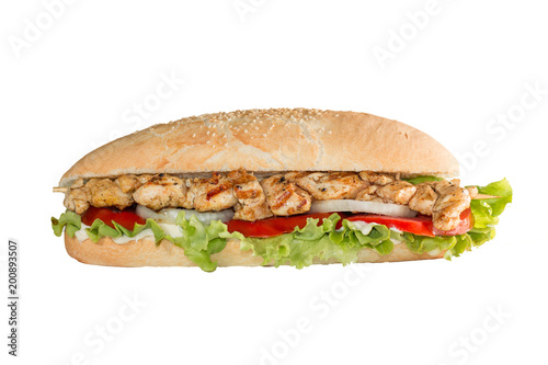 Chicken skewers sandwich on white background