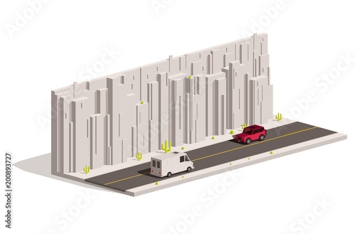 Vector isometric illustration representing road with 

cars in the desert, rock, mountains
 photo
