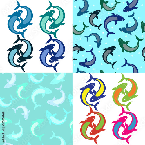 decorative sea fish shark.Set of four illustrations