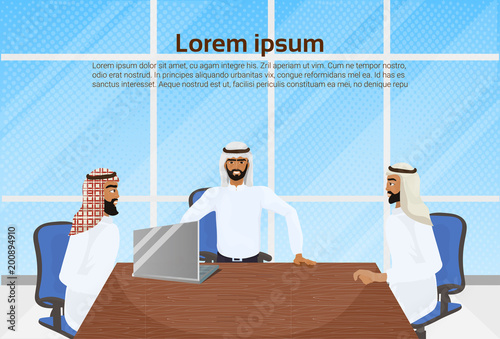 Meeting Of Arab Business Men, Group Of Muslim Businessman Sitting At Office Desk Communication And Partnership Concept Vector Illustration