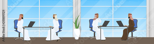 Group Of Arab Business People Working At Laptop Computers Sitting At Office Desks Vector Illustration