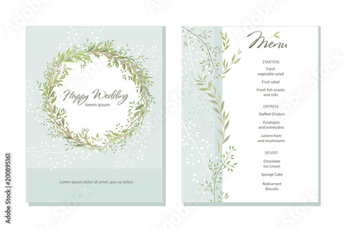 Set of card with beautiful twigs with leaves. Wedding ornament concept. Imitation of watercolor, isolated on white. Sketched wreath, floral and herbs garland