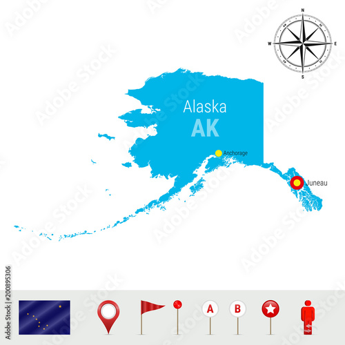 Alaska Vector Map Isolated on White Background. High Detailed Silhouette of Alaska State. Official Flag of Alaska