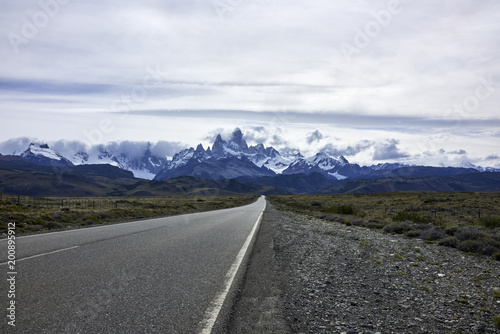 Highway and Snowcapped Fitz Roy Mountain Peaks in Argentinian Patagonia