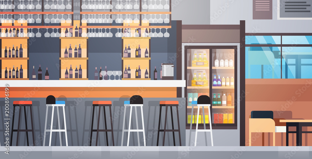 Bar Interior Cafe Counter With Bottles Of Alcohol And Glasses On Shelf Flat Vector Illustraton