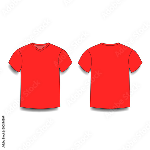 Red male t-shirt template v-neck front and back side views.