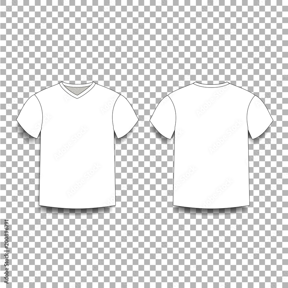 White men's tshirt template vneck front and back side views. Stock