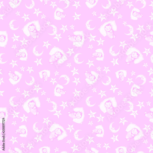 Watercolor seamless pattern on the theme of a children's illustration and a good night with a small child, around the yellow stars, the month is smiling, the moon, with soft plush toys, a hare and a b