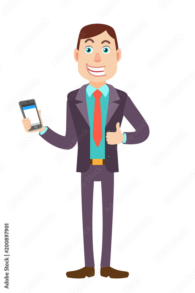 Businessman holding mobile phone and showing thumb up Businessman holding mobile phone and showing thumb up