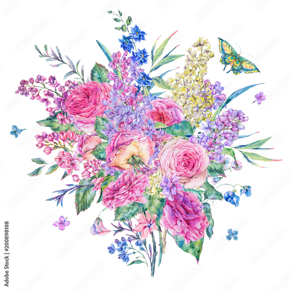 Watercolor pink roses and lilacs greeting card Watercolor pink roses and lilacs greeting card