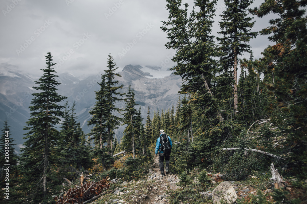 Canada, British Columbia, Yoho National Park, man hiking at Mount Burgess