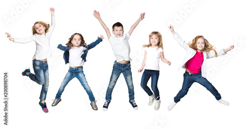 Collage happy group of kids jumping on a white background 