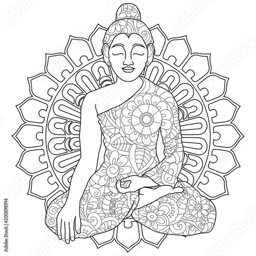 Adult antistress coloring manadala, woman doing yoga pattern, astrakhan. Illustration of black lines doodle, white background