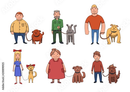 Dogs look like their owners. People walking their dogs. Cartoon vector characters illustration, isolated on white background.