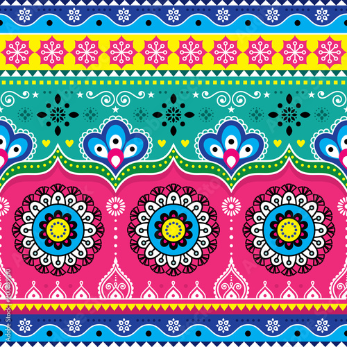 Indian and Pakistani truck art design, Jingle trucks seamless vector pattern, colorful floral repetitive decoration
 
