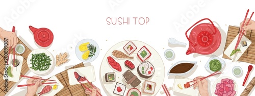 Horizontal web banner template with table full of Japanese food and hands holding sushi, sashimi and rolls with chopsticks. Lunch or dinner at Asian restaurant. Colorful realistic vector illustration.