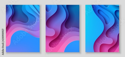 Vertical A4 flyers with 3D abstract background with paper cut blue waves. Vector design layout