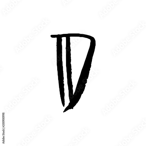 Letter D. Handwritten by dry brush. Rough strokes textured font. Vector illustration. Grunge style alphabet.