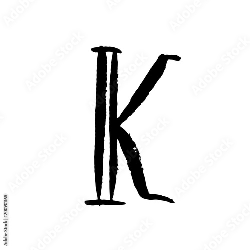 Letter K. Handwritten by dry brush. Rough strokes textured font. Vector illustration. Grunge style alphabet.