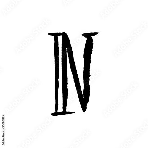 Letter N. Handwritten by dry brush. Rough strokes textured font. Vector illustration. Grunge style alphabet.