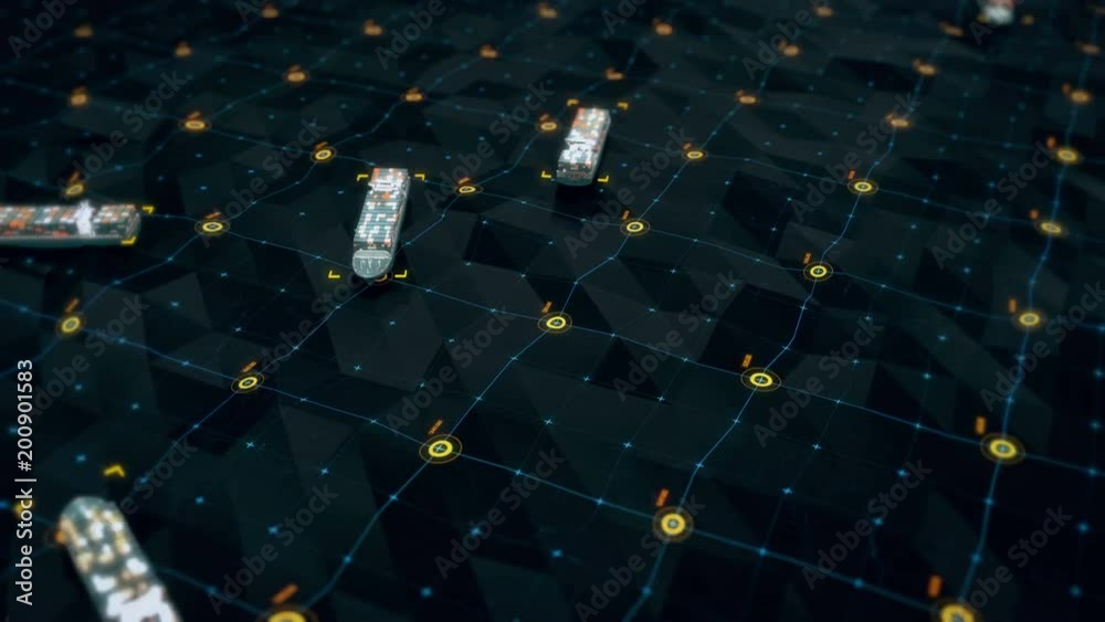 Shipping containers crossing sea, traffic map visualization, transportation
