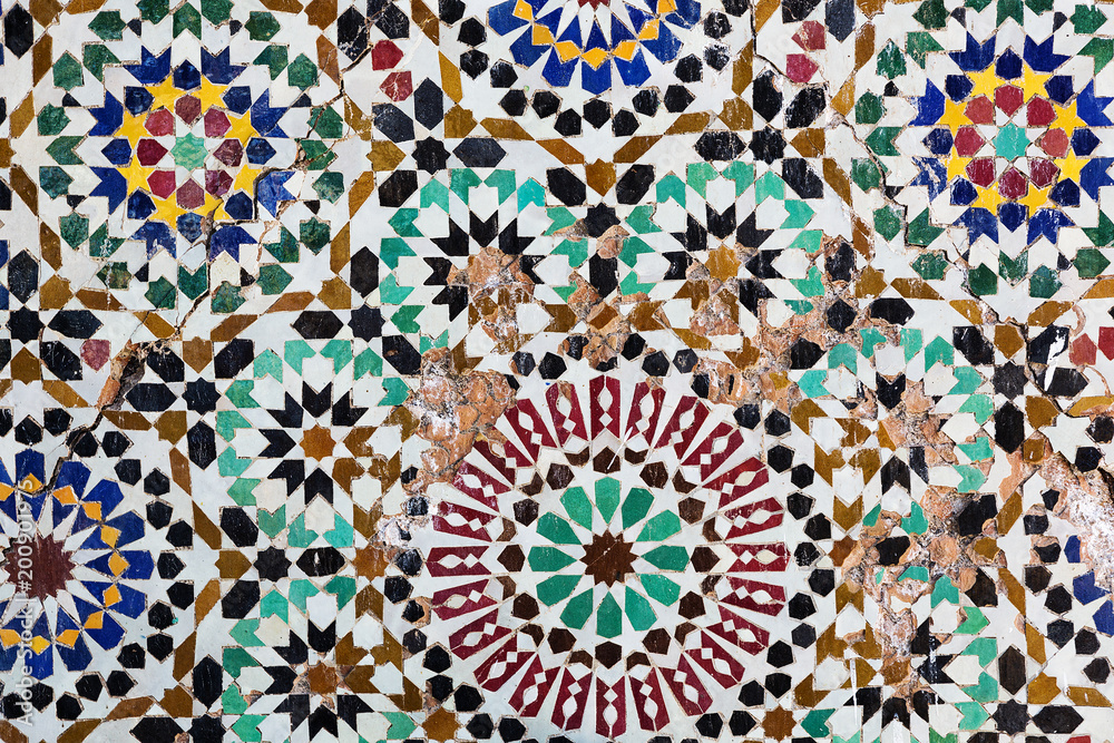 Beautiful ancient mosaic in many colors from Fes, Morocco.