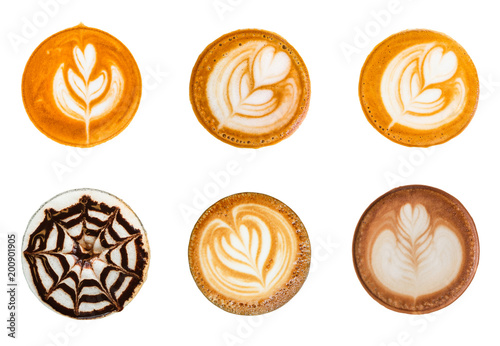Top view of cappuccino, mocha and latte with latte art foam set isolated on white background.