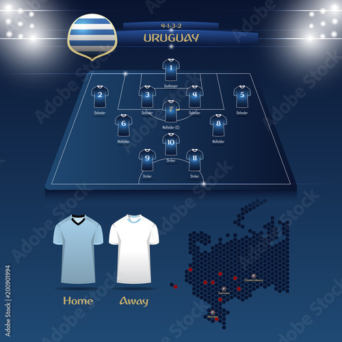 Team Uruguay soccer jersey or football kit with match formation tactic infographic template. Football player position on football pitch and stadium map. Vector Illustration.