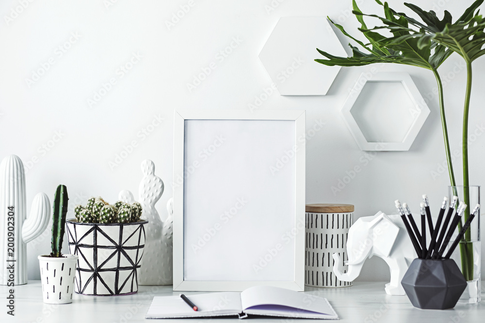 White interior decoration with patterned pots and plant - obrazy, fototapety, plakaty 