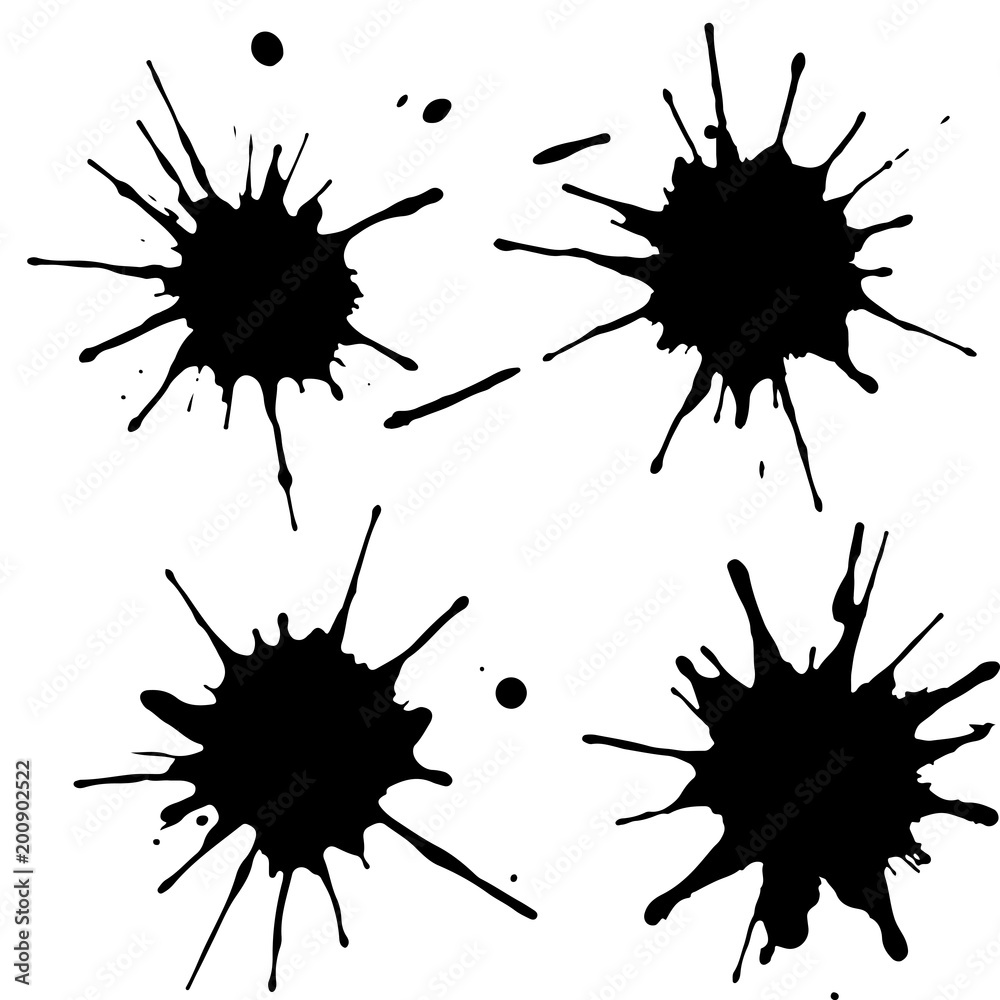 Black ink paint spots. Drops texture isolated on white background. Set for grunge splash textures. Vector illustration. Black ink paint spots. Drops texture isolated on white background. Set for grunge splash textures. Vector illustration.
