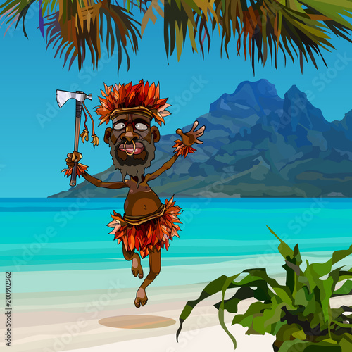 cartoon aboriginal man dances in a national costume on the seashore