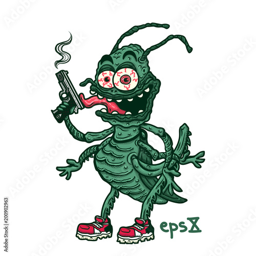 Crazy smiling comic style bug holding gun. Vector illustration template on a white background.