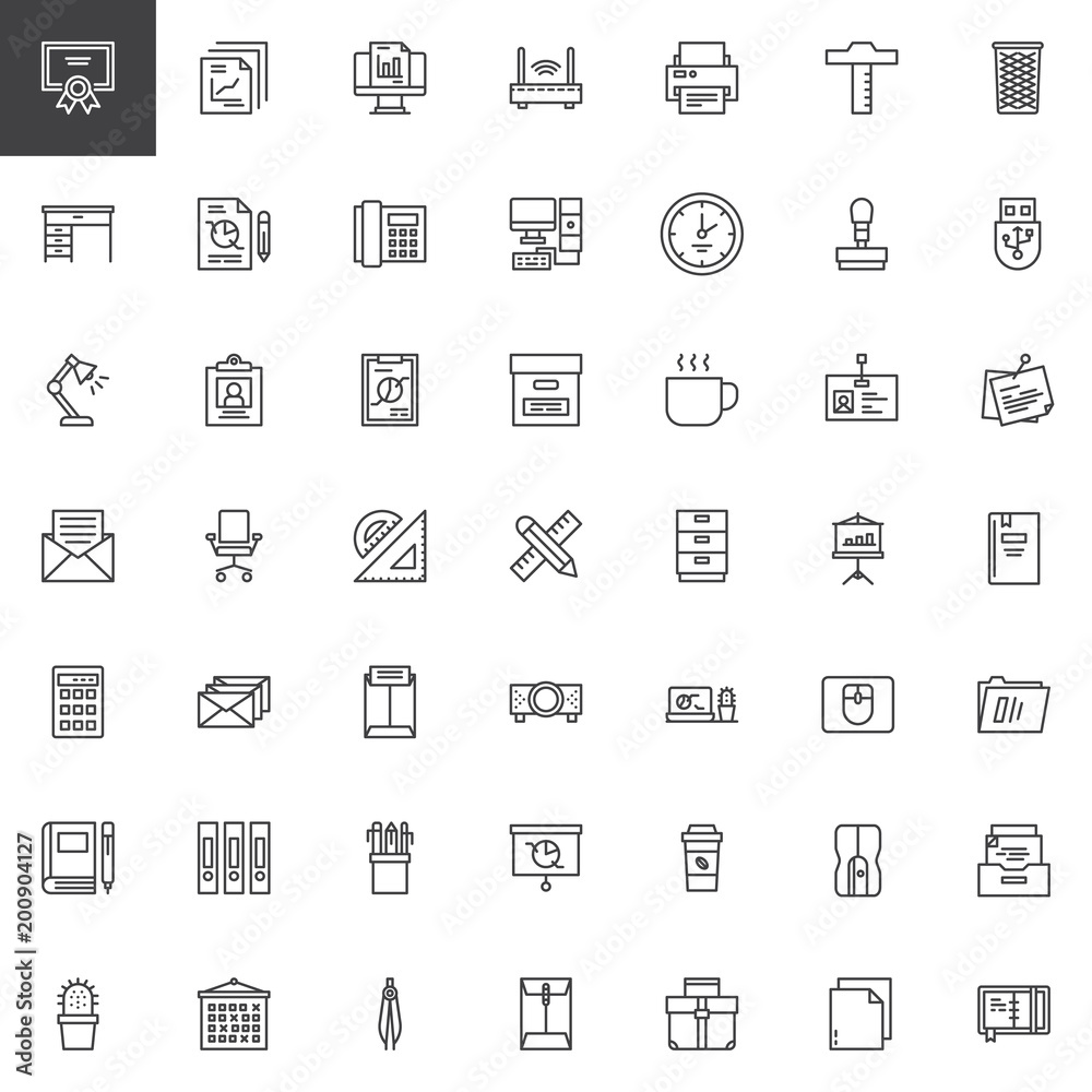 Office tools outline icons set. linear style symbols collection, line signs pack. vector graphics. Set includes icons as Certificate, Report, Router, Printer, Table, Stats, Fax, Computer Clock Lamp Office tools outline icons set. linear style symbols collection, line signs pack. vector graphics. Set includes icons as Certificate, Report, Router, Printer, Table, Stats, Fax, Computer Clock Lamp