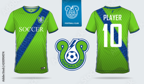 Soccer Jersey Or Football Kit Template For Football Club Blue And Green  Gradient Football Shirt With Sock And Blue Shorts Mock Up Front And Back  View Soccer Uniform Football Logo Design Vector