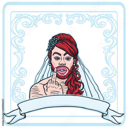 Vector red haired and bearded hand drawn cross-dresser gay transvestite showing middle finger with ring, wearing bridal wedding dress. Including text ribbon, white background,  frames and pattern