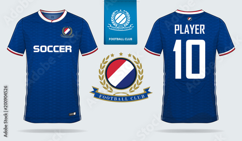 Blue Soccer jersey, football kit, t-shirt sport, short, sock template design for sport club. Football t-shirt mock up. Front and back view soccer uniform. Flat football logo on blue label. Vector.