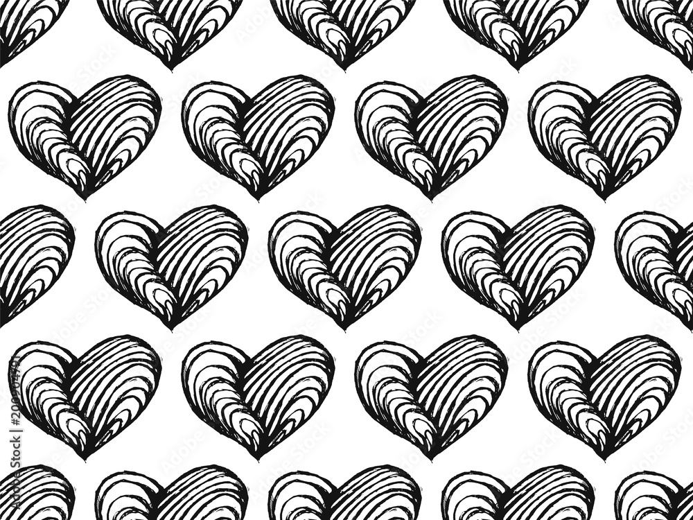 Seamless texture with black hearts on a white background. Repeating ...