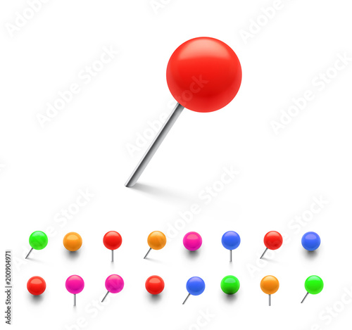 Set of colorful push pins in different foreshortening. Vector illustration on white background. Can be use for your design, promo, ad. EPS10.