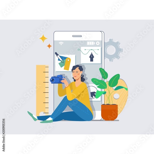 Graphic and web design vector illustration. Girl designer freelancer develops business application. Photography courses, tutorials