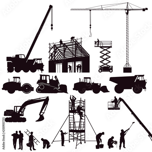 Bagger und Kran, Radlader auf der Baustelle